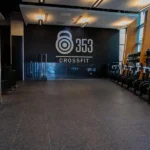 CrossFit gym floor with kettlebell wall logo