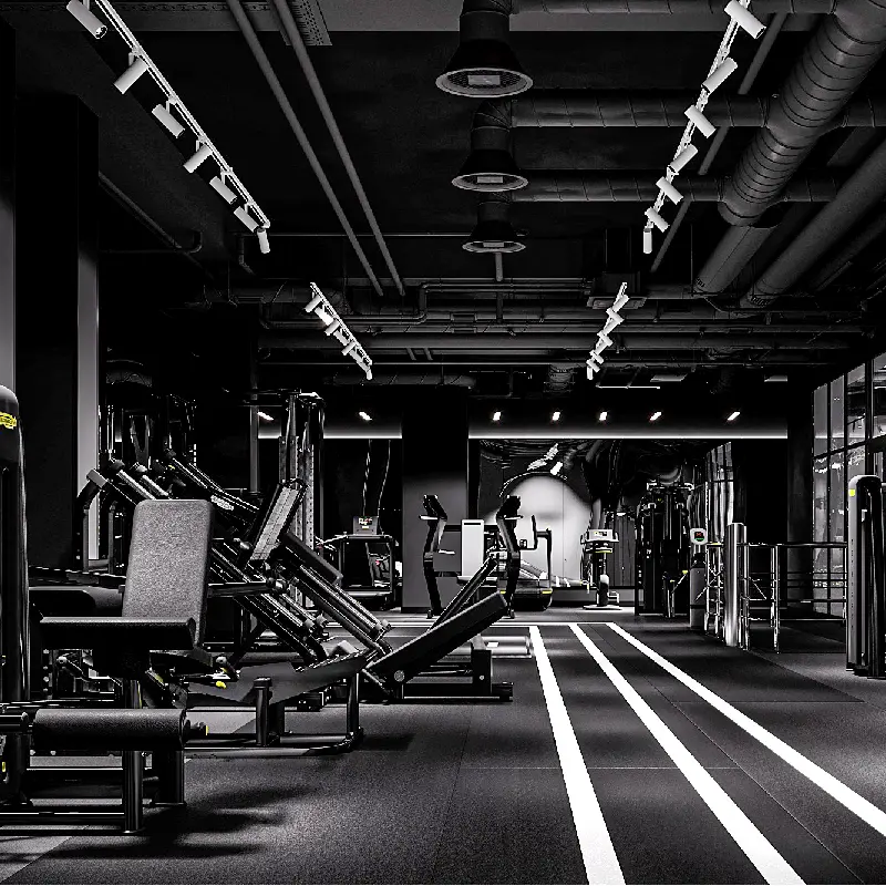 Black rubber gym flooring with white functional marking lines.
