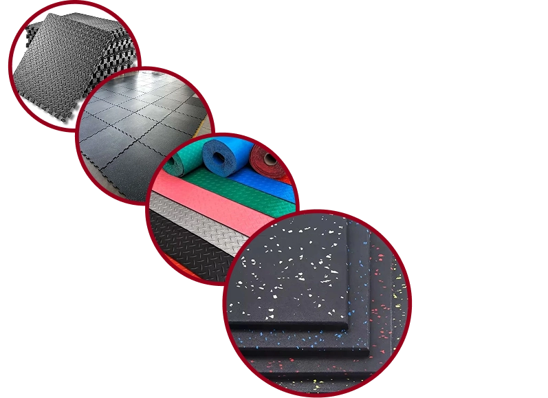 Assorted rubber gym flooring tiles and gym interior.