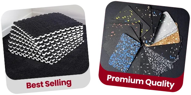 Gym rubber flooring tiles, black interlocking design.