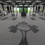 High-performance gym facility with clover floor logo.