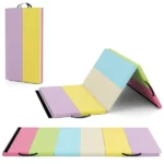 Pastel gymnastics mat in folded, tented, and flat positions.