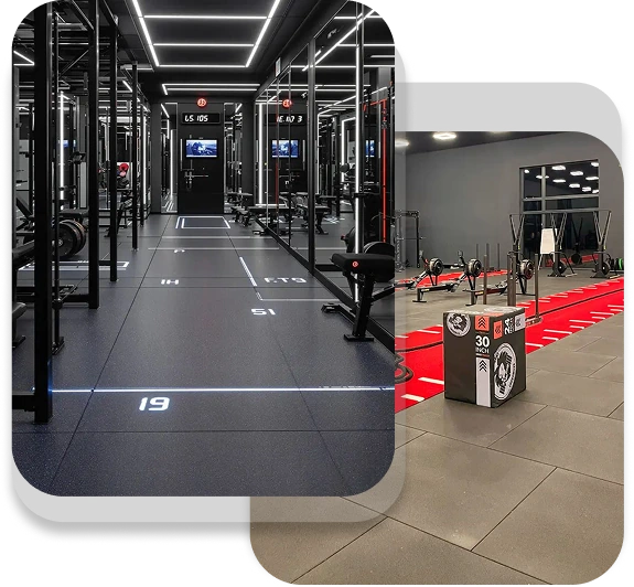 Professional gym facility with marked floor tiles