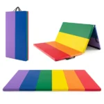 Rainbow-colored folding mat shown folded, semi-folded, and flat.