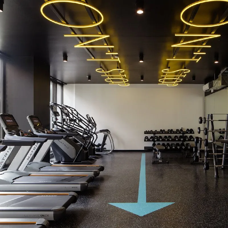 Speckled black rubber gym floor with a blue functional turf line.