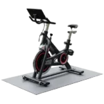 black stationary exercise bike centered on a rectangular gray rubber equipment mat