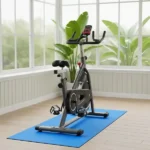 indoor cycling bike positioned on a vibrant blue rubber mat in a sunlit room