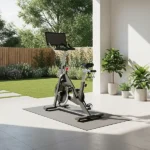 modern stationary bike resting on a slim gray rubber mat