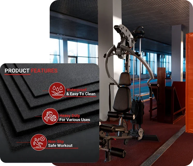 Heavy-duty black rubber gym flooring mats featuring waterproof, non-slip product