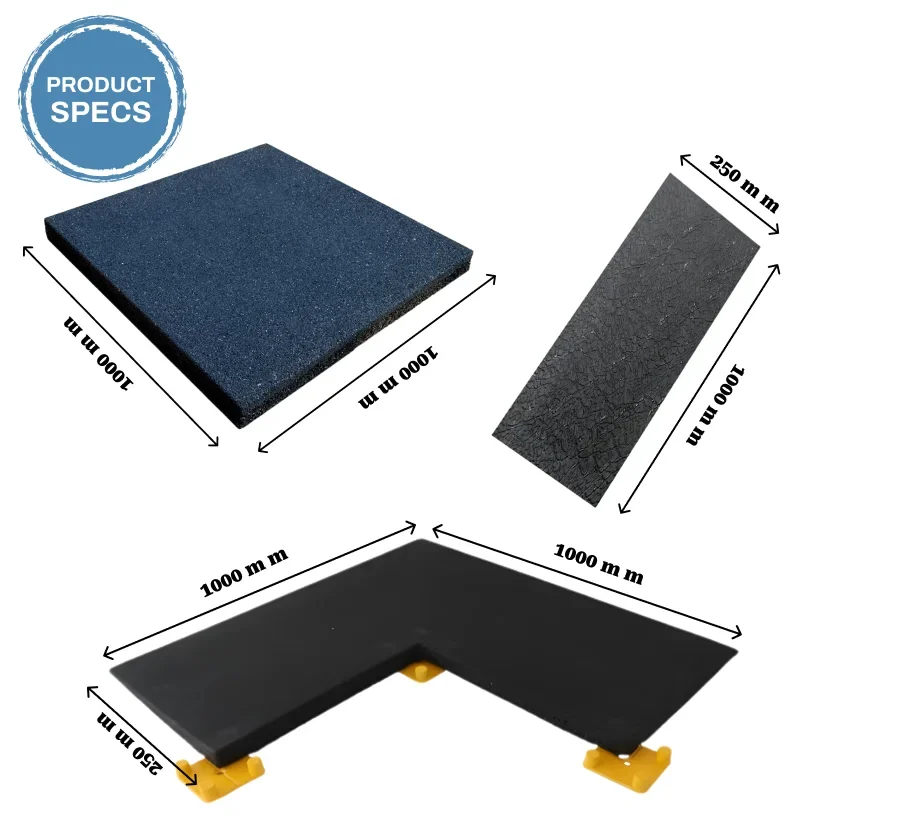 black rubber flooring tiles and corner installation pieces with yellow support pedestals.